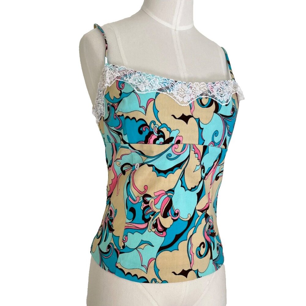KATIE K Camisole Tank Top Paisley Mod Aqua Turquoise Spaghetti Y2K Deadstock NWT